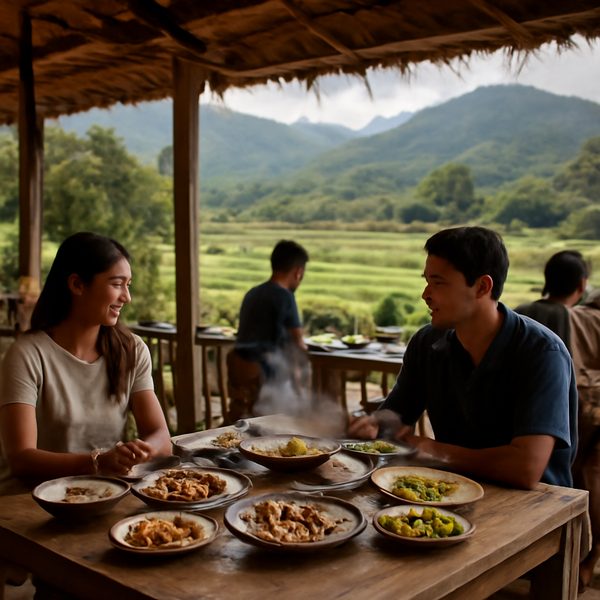 Style: Realistic photo. A warm and inviting Northern Thai restaurant in Mae Rim, Chiang Mai, set amid lush mountains and
