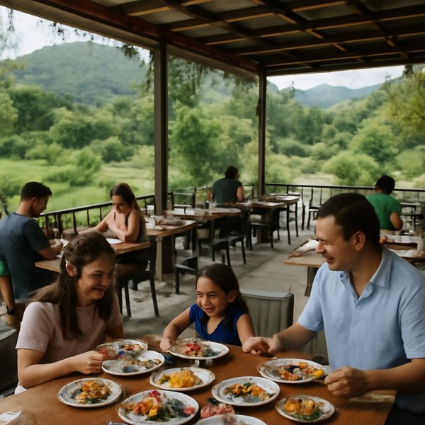 Style: Realistic photo. A scenic family-friendly restaurant in Mae Rim with a spacious outdoor dining area overlooking g
