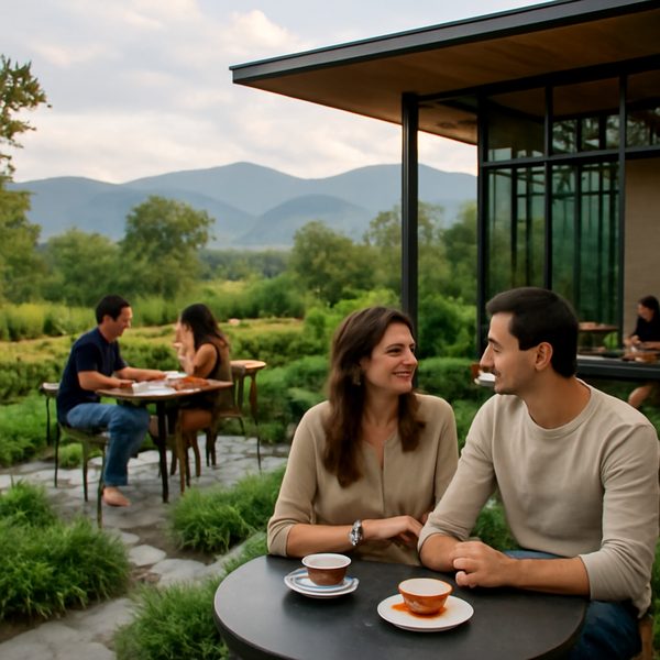 Style: Realistic photo. A stylish Mae Rim cafe-restaurant blending modern design with nature, featuring garden landscapi